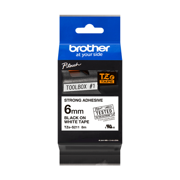 Brother TZeS Ekstra St�rkt kl�bende Tape - 6mm x 8m, Hvid (sort skrift)