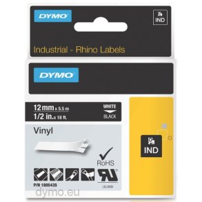 DYMO Rhino Vinyltape - 12mm x 5.5m, Sort (hvid skrift)