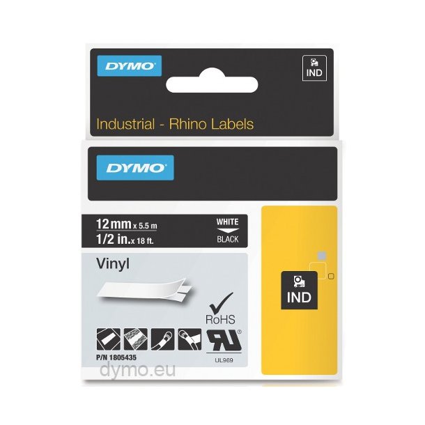 DYMO Rhino Vinyltape - 12mm x 5.5m, Sort (hvid skrift)