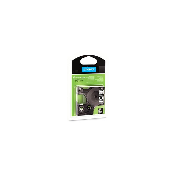 DYMO D1 Permanent Tape - 12mm x 5.5m, Hvid (sort skrift)