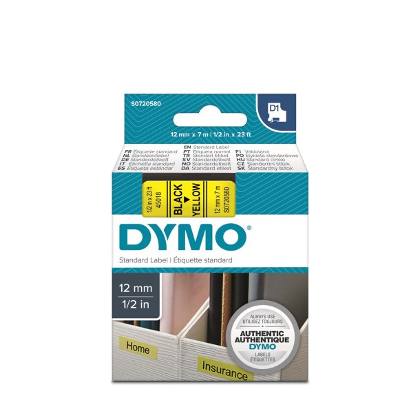 DYMO D1 Tape - 12mm x 7m, Gul (sort skrift)