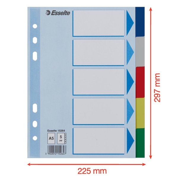 Faneblade PP A5 5-delt farvede faner
