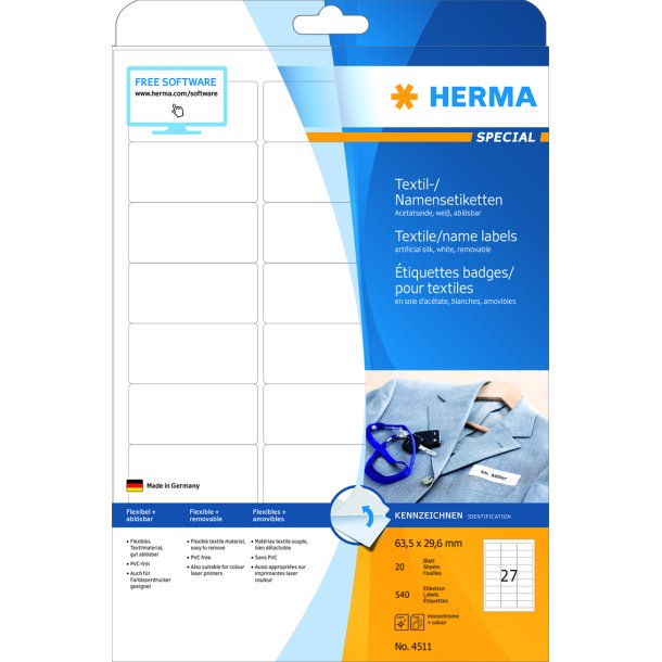 Herma navne/tekstil etiket aftagelig 63,5x29,6 hvid (540)