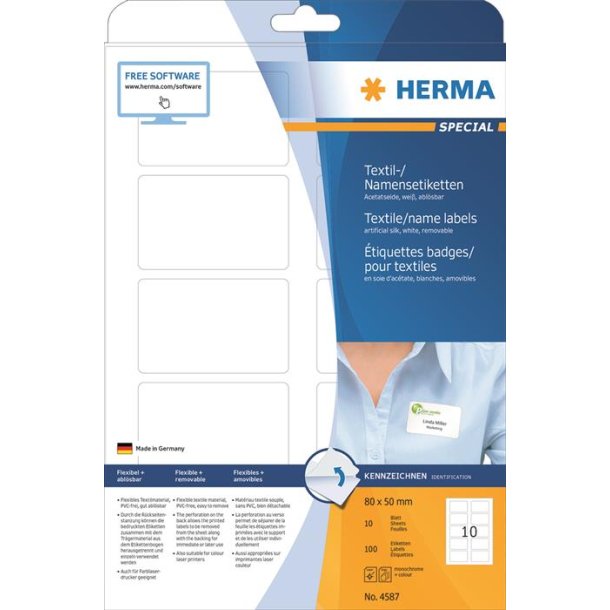 Herma navne/tekstil etiket aftagelig 80x50 hvid (100)