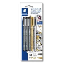 Fineliner pigment liner sort + s�lv og guld (3+2)