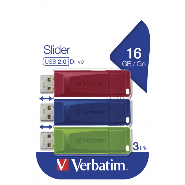 Store &acute;N&acute; Go Slider USB Drive 16GB (3-pack) Red/Blue/Green